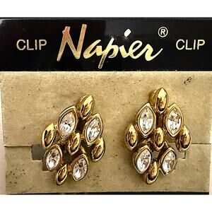 Vintage Signed Napier Gold-Tone Screw-On Earrings Clear Rhinestones Elegant NOS